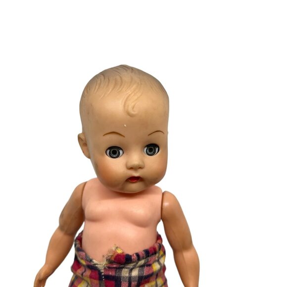 Vintage 13" Baby Doll With Plaid Overalls - Picture 2 of 5